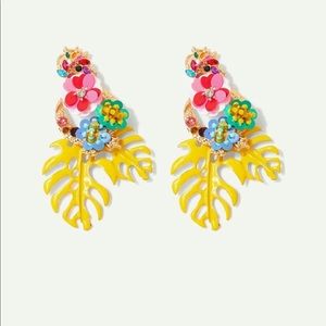 Tropical Leaves & Sequin Flower Drop Earrings